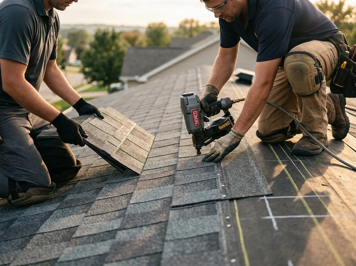 Professional roofer working on a residential roof in Plaquemine